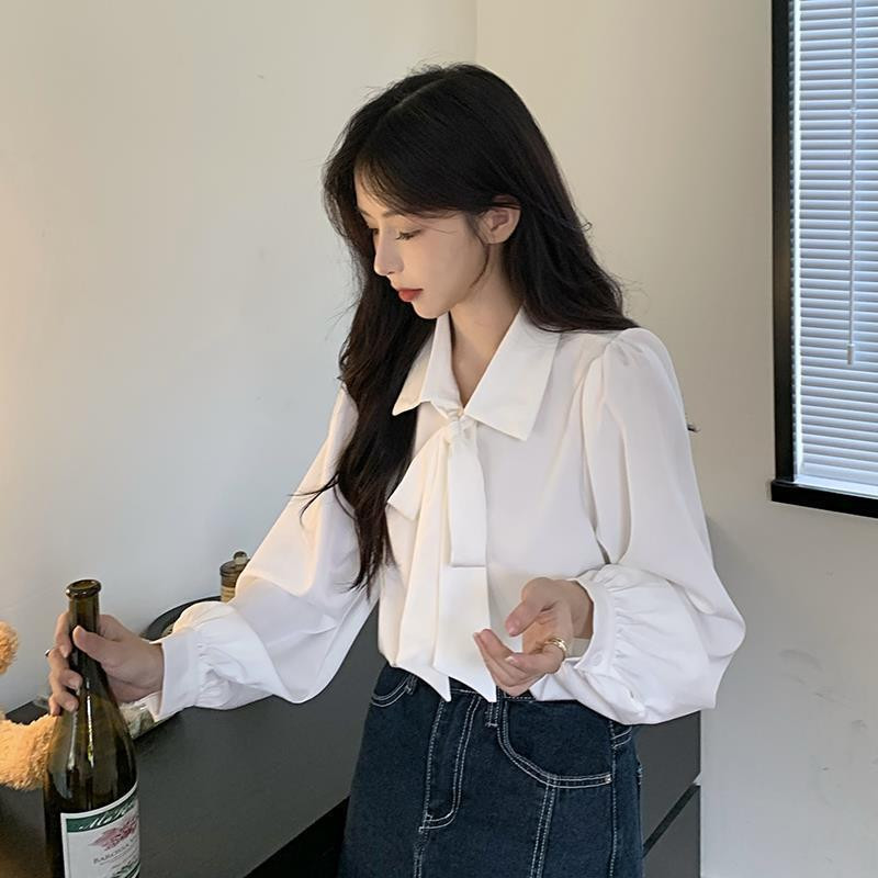 Tömör ingek Női Minimalista Baggy S-3XL Őszi Kötöző Lámpás Ujj Koreai Divat Édes Elegáns Tervező Camisas White Ins