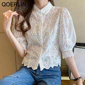 QOERLIN S-XXL cămăși albe femei cu jumătate de mânecă din dantelă bluză scobită pentru femei cu guler răsturnat, nasturi largi, bluză pentru dama de birou