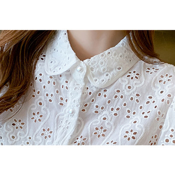 QOERLIN S-XXL Бели ризи Дамска дантелена издълбана блуза с половин ръкав Дамска офисна дамска блуза с отложна яка с широки копчета