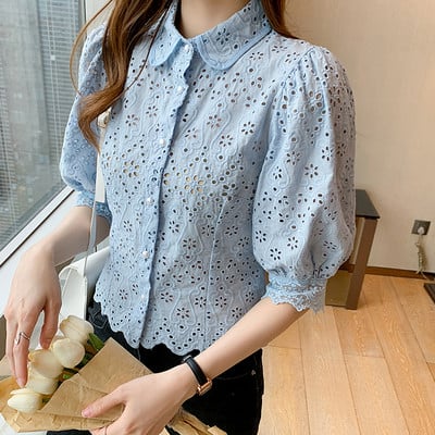 QOERLIN S-XXL cămăși albe femei cu jumătate de mânecă din dantelă bluză scobită pentru femei cu guler răsturnat, nasturi largi, bluză pentru dama de birou