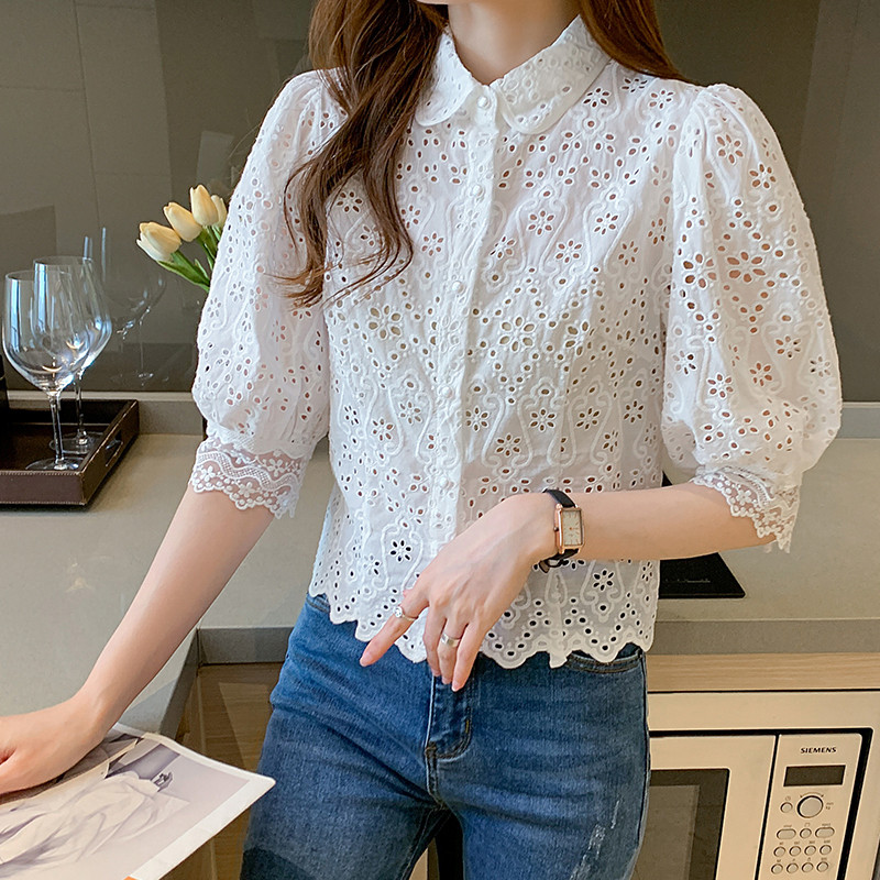 QOERLIN S-XXL cămăși albe femei cu jumătate de mânecă din dantelă bluză scobită pentru femei cu guler răsturnat, nasturi largi, bluză pentru dama de birou
