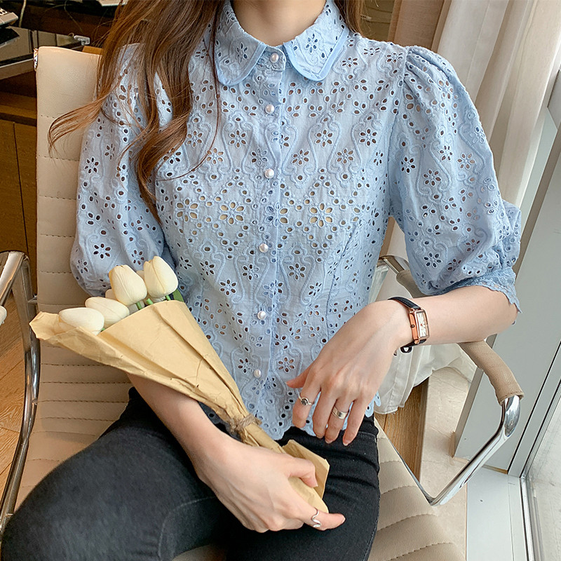 QOERLIN S-XXL cămăși albe femei cu jumătate de mânecă din dantelă bluză scobită pentru femei cu guler răsturnat, nasturi largi, bluză pentru dama de birou