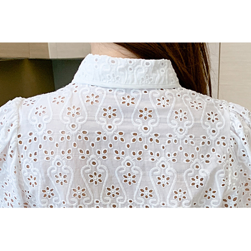 QOERLIN S-XXL cămăși albe femei cu jumătate de mânecă din dantelă bluză scobită pentru femei cu guler răsturnat, nasturi largi, bluză pentru dama de birou