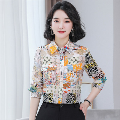 Elegáns virágmintás 100% selyem Ingek Női blúz Alkalmi bő, hosszú ujjú hajtóka OL Szatén parti ing Női divatos felsők S-3XL