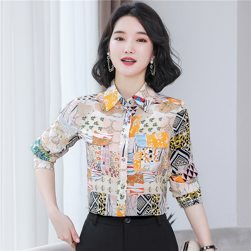 Elegáns virágmintás 100% selyem Ingek Női blúz Alkalmi bő, hosszú ujjú hajtóka OL Szatén parti ing Női divatos felsők S-3XL