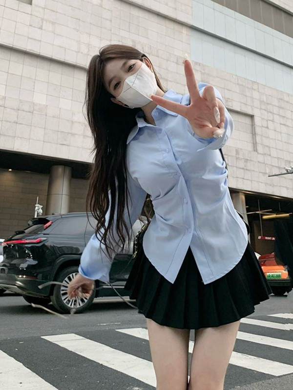 Női felső, kék tavaszi és őszi viselet munkához, teljes hosszú ujjú, gombos irodai ruhák hivatalos ruha Ingek és blúzok Női Xl S