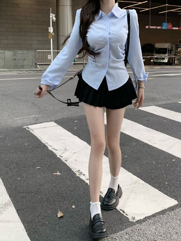 Női felső, kék tavaszi és őszi viselet munkához, teljes hosszú ujjú, gombos irodai ruhák hivatalos ruha Ingek és blúzok Női Xl S