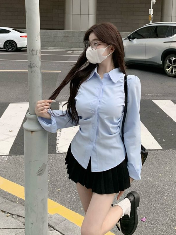 Női felső, kék tavaszi és őszi viselet munkához, teljes hosszú ujjú, gombos irodai ruhák hivatalos ruha Ingek és blúzok Női Xl S