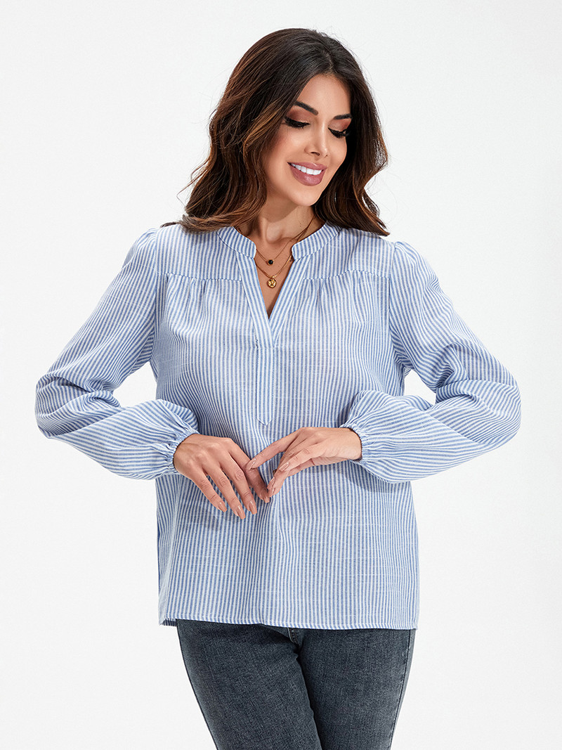 Női tavaszi őszi ing függőleges csíkos nyomtatással, hosszú ujjú, V-nyakú, laza szabású felsők Utcai ruházat