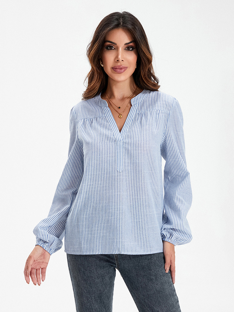 Női tavaszi őszi ing függőleges csíkos nyomtatással, hosszú ujjú, V-nyakú, laza szabású felsők Utcai ruházat
