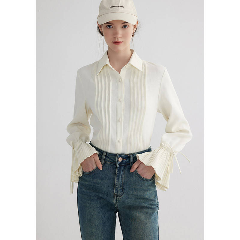 Korea versiooni särgid Naiste reväärkrae, plisseeritud puhvis varrukas, magus armas aluskate 2024 kevad Lihtne pendeldamismood