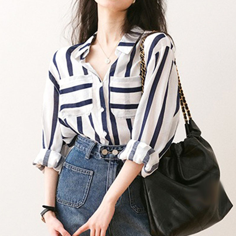 Női csíkos ing, hosszú ujjú, 2024 tavaszi nyár női lehajtható galléros, gombos felsők, laza női, túlméretezett blúzok