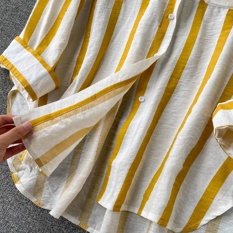 Női csíkos ing, hosszú ujjú, 2024 tavaszi nyár női lehajtható galléros, gombos felsők, laza női, túlméretezett blúzok