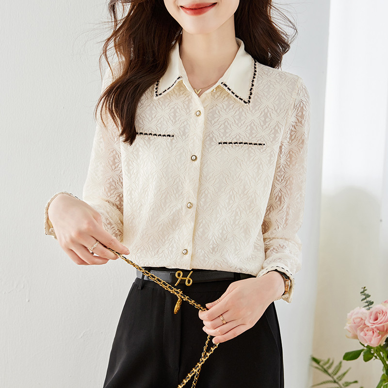 Szexi hosszú ujjú csipkeblúz Női felsők Sárgabarack Vágott női irodai munkaruha Alapvető ing Női vintage alkalmi ruházat