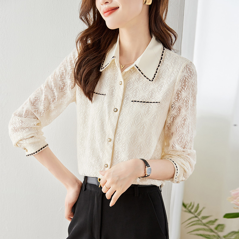 Szexi hosszú ujjú csipkeblúz Női felsők Sárgabarack Vágott női irodai munkaruha Alapvető ing Női vintage alkalmi ruházat