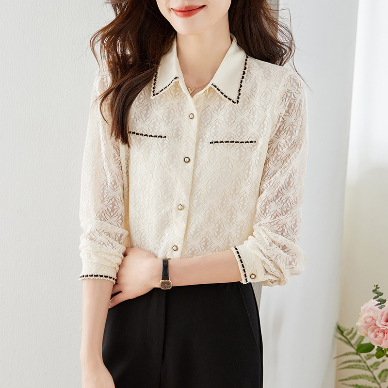 Szexi hosszú ujjú csipkeblúz Női felsők Sárgabarack Vágott női irodai munkaruha Alapvető ing Női vintage alkalmi ruházat