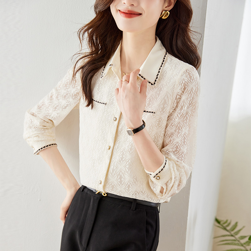 Szexi hosszú ujjú csipkeblúz Női felsők Sárgabarack Vágott női irodai munkaruha Alapvető ing Női vintage alkalmi ruházat