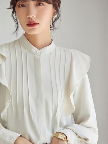 Елегантни шикозни ризи с волани за жени Винтидж гънки с дълъг ръкав тип фенер Модни дамски блузи 2024 Пролет Ежедневни топове Femme