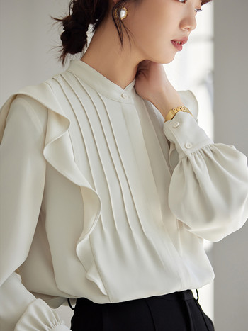 Елегантни шикозни ризи с волани за жени Винтидж гънки с дълъг ръкав тип фенер Модни дамски блузи 2024 Пролет Ежедневни топове Femme