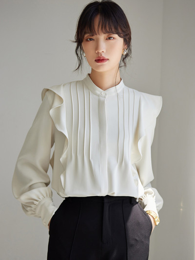 Elegáns, elegáns fodros ingek női, szüret, összecsukható, hosszú, lámpás ujjú, divatos női blúzok, 2024 tavaszi, alkalmi felsők, női