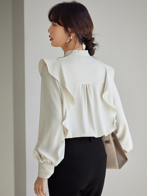 Elegáns, elegáns fodros ingek női, szüret, összecsukható, hosszú, lámpás ujjú, divatos női blúzok, 2024 tavaszi, alkalmi felsők, női