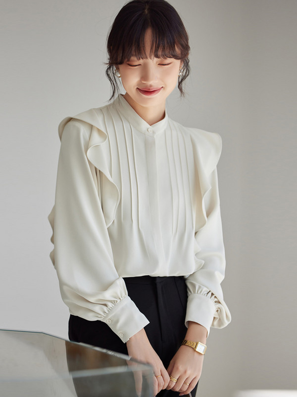 Elegáns, elegáns fodros ingek női, szüret, összecsukható, hosszú, lámpás ujjú, divatos női blúzok, 2024 tavaszi, alkalmi felsők, női