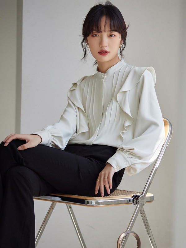 Elegáns, elegáns fodros ingek női, szüret, összecsukható, hosszú, lámpás ujjú, divatos női blúzok, 2024 tavaszi, alkalmi felsők, női