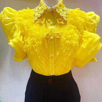 Дамски тежки венчелистчета Елегантни блузи 2023 Ново лято POLO Дантелени ризи с къс ръкав Дамски топове Безплатно облекло Младежки корейски блузи