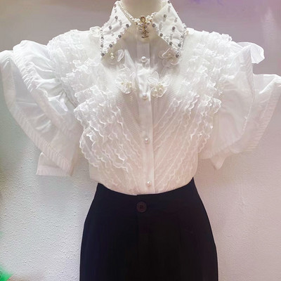 Női erős szirmú elegáns blúzok 2023 új nyári POLO rövid ujjú csipkeingek Női felsők Ingyenes ruházat Ifjúsági koreai blusák