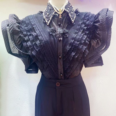 Női erős szirmú elegáns blúzok 2023 új nyári POLO rövid ujjú csipkeingek Női felsők Ingyenes ruházat Ifjúsági koreai blusák