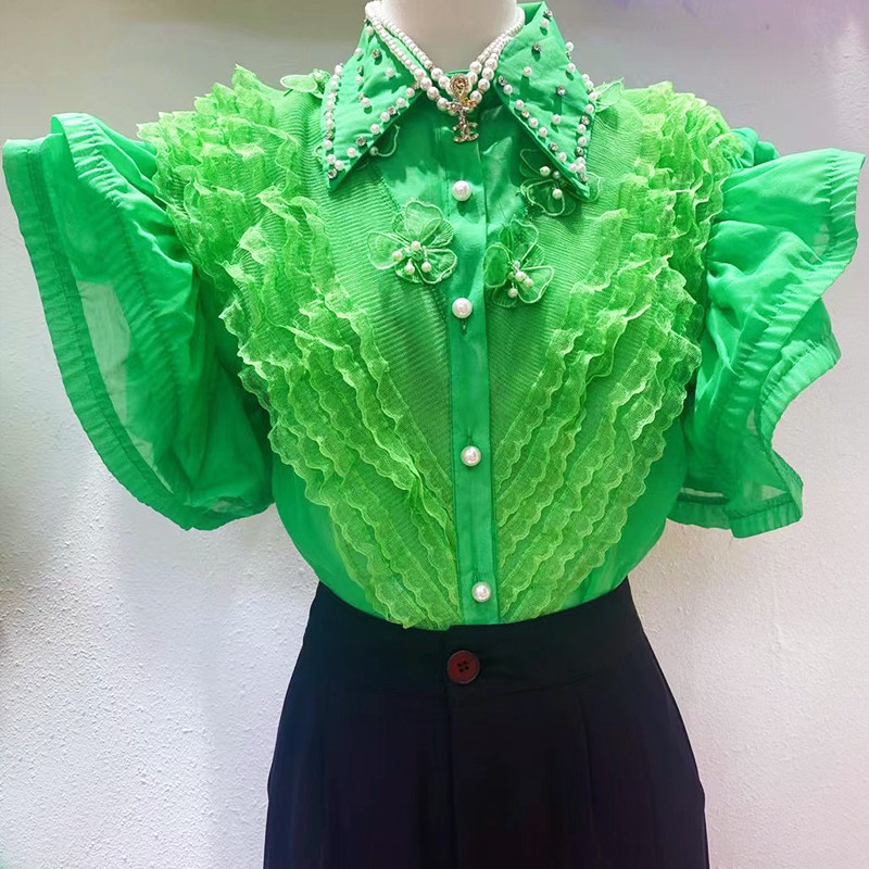 Női erős szirmú elegáns blúzok 2023 új nyári POLO rövid ujjú csipkeingek Női felsők Ingyenes ruházat Ifjúsági koreai blusák