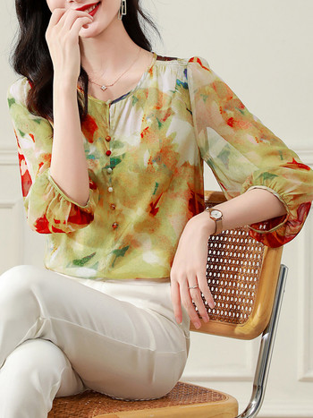 QoerliN Silk Top Γυναικεία Μπλούζα S-3XL O-Neck 3/4 μανίκι 2023 Καλοκαιρινή μόδα Ευέλικτο Νέο εμπριμέ κομψό πουκάμισο Γυναικεία ρούχα