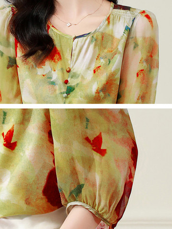 QoerliN Silk Top Γυναικεία Μπλούζα S-3XL O-Neck 3/4 μανίκι 2023 Καλοκαιρινή μόδα Ευέλικτο Νέο εμπριμέ κομψό πουκάμισο Γυναικεία ρούχα