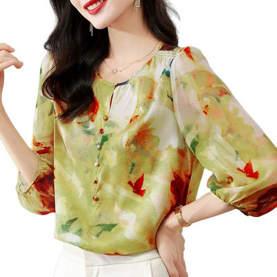 QoerliN Silk Top naiste pluus S-3XL O-kaelusega 3/4 varrukatega 2023 suvemood mitmekülgne uus trükitud elegantne särk Naiste riided