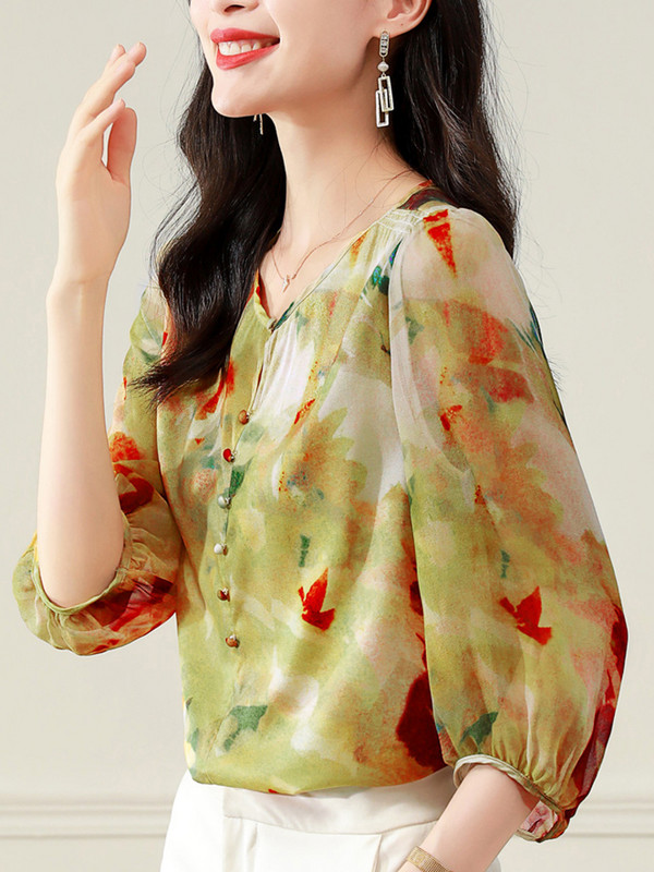 QoerliN Silk Top naiste pluus S-3XL O-kaelusega 3/4 varrukatega 2023 suvemood mitmekülgne uus trükitud elegantne särk Naiste riided