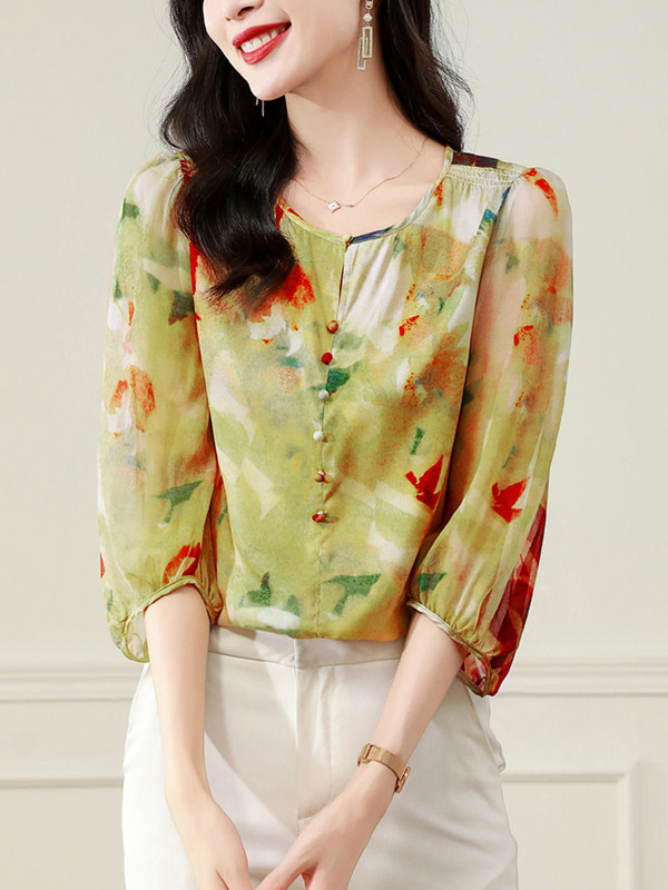 QoerliN Silk Top naiste pluus S-3XL O-kaelusega 3/4 varrukatega 2023 suvemood mitmekülgne uus trükitud elegantne särk Naiste riided