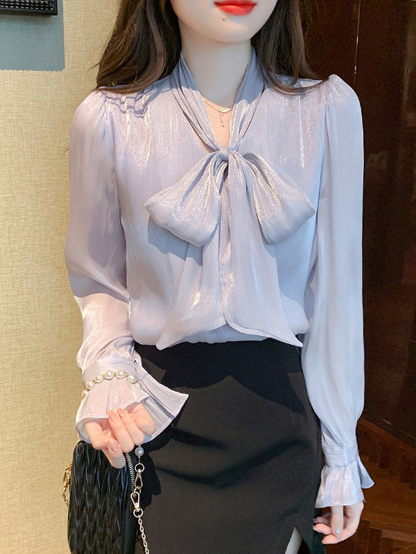 QOERLIN Bow Pluus Peotopid Naiste 2023 Luksuslikud helendavad varrukad Pärlinööbiga särgid S-2XL Elegantne lilla särk, naiste kontoridaam