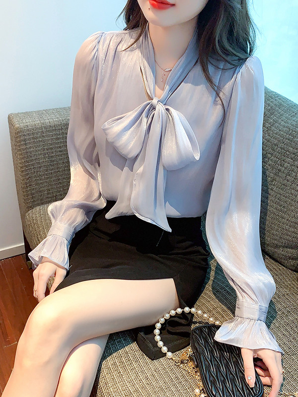 QOERLIN Bow Pluus Peotopid Naiste 2023 Luksuslikud helendavad varrukad Pärlinööbiga särgid S-2XL Elegantne lilla särk, naiste kontoridaam