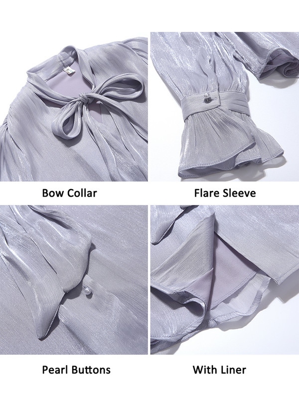 QOERLIN Bow Pluus Peotopid Naiste 2023 Luksuslikud helendavad varrukad Pärlinööbiga särgid S-2XL Elegantne lilla särk, naiste kontoridaam