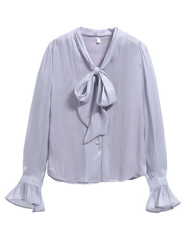 QOERLIN Bow Pluus Peotopid Naiste 2023 Luksuslikud helendavad varrukad Pärlinööbiga särgid S-2XL Elegantne lilla särk, naiste kontoridaam