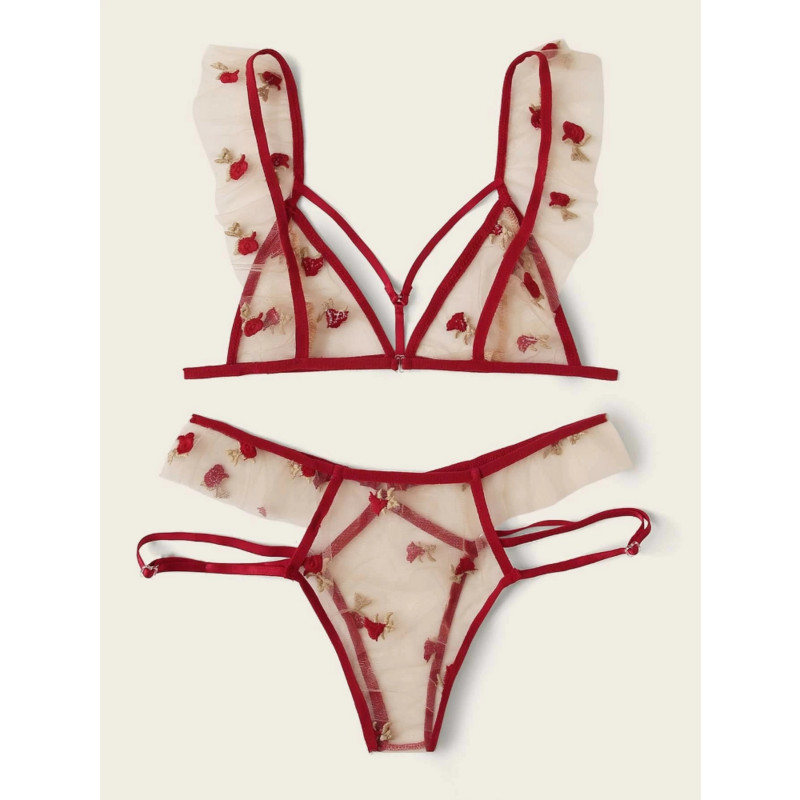 Seksikas aluspesu naiste komplekt Lilletikandid Läbipaistva võrguga pesukomplekt Ilma rinnahoidjata seljata Bralette Sexi Intiimne pitsrinnahoidja komplekt