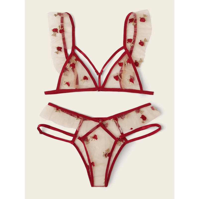 Seksikas aluspesu naiste komplekt Lilletikandid Läbipaistva võrguga pesukomplekt Ilma rinnahoidjata seljata Bralette Sexi Intiimne pitsrinnahoidja komplekt