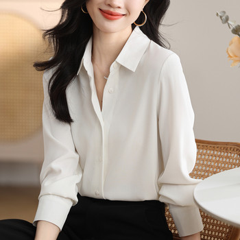 2023 Есенни дамски ризи Бяла шифонена блуза за жени Риза с дълъг ръкав Офис OL Женски едноцветни блузи Дамски основни топове