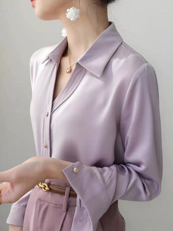 Елегантни дамски едноцветни лилави ризи с дълъг ръкав Лятна есенна модна дамска блуза 2024 г. Ежедневни женски горнища, облекло в корейски стил