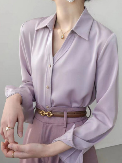 Elegáns női tömör hosszú ujjú lila ingek nyári őszi divat női blúz 2024 alkalmi női felsők koreai stílusú ruházat