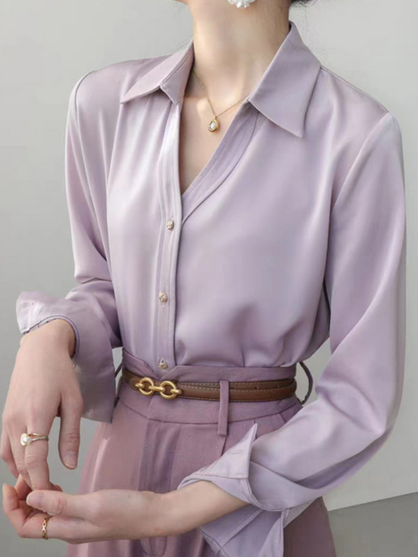 Elegáns női tömör hosszú ujjú lila ingek nyári őszi divat női blúz 2024 alkalmi női felsők koreai stílusú ruházat