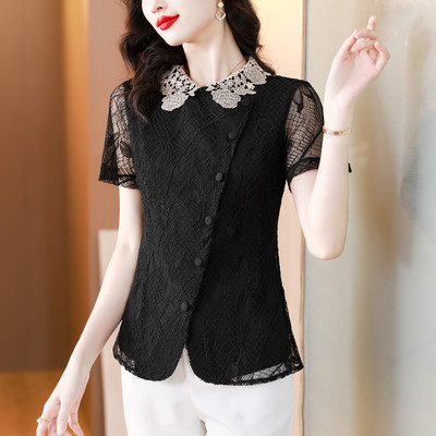 S-4XL Ljetna ženska čipkana košulja Patchwork kratkih rukava Heklane majice Bluza s izdubljenim vezom
