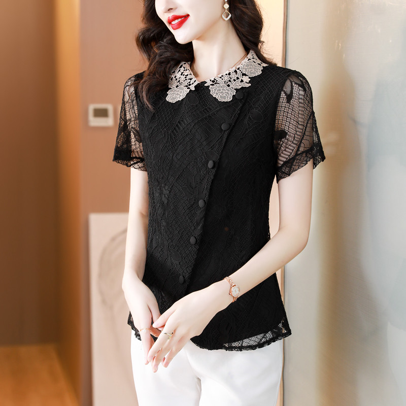 S-4XL Ljetna ženska čipkana košulja Patchwork kratkih rukava Heklane majice Bluza s izdubljenim vezom