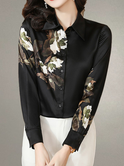 Elegantsed kontori OL siidist särgid naistele pikkade varrukatega, trükitud tippklassi naiste pluusid 2024. aasta kevad, uus universaalne vabaaja topp