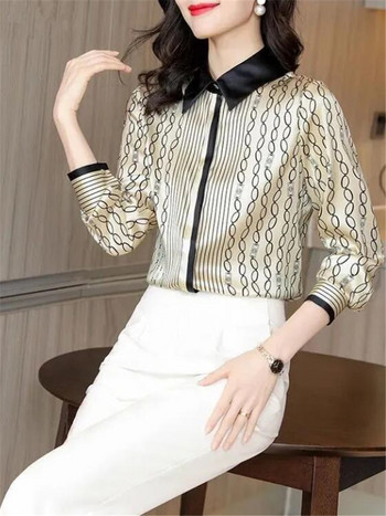Риза от имитация на коприна Дамски сатенени блузи Дамска офисна дамска риза с щампи от висок клас с дълъг ръкав Дамска блуза